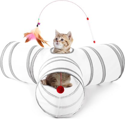 Tempcore Pet Cat Tunnel Tube Toys 3 Way Collapsible, Tunnels for Indoor Cats, Interactive Tube with Teaser Wand, Peek Holes & Hanging Ball, Black & Blue9
