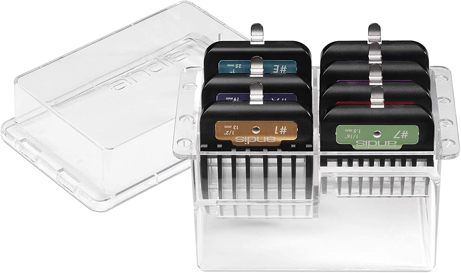 andis-562014-premium-clip-animal-comb-set-built-with-plastic-includes-7-color-coded-combs-of-different-sizes-metal-clip-to-attach-comb-fits-ultra-edge-ceramic-edge-blades-multicolor