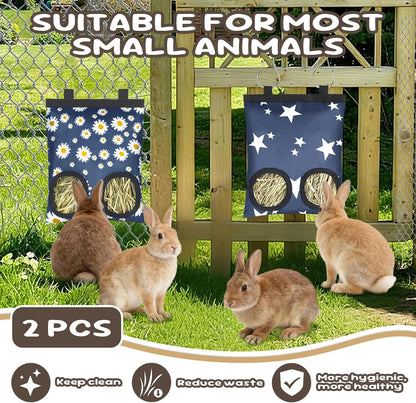 2 Pack Rabbits Hay Feeder Bag, 2 Holes Hanging Bunny Hay Feeder Guinea Pig Feeding Bag Storage Dispenser for Bunny Rabbits Chinchillas Hamsters Small Pets and Animals5