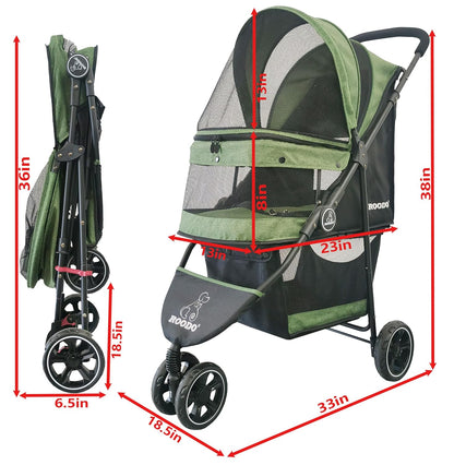 ROODO 3 Wheel Pet Stroller Best Lightweight Foldable Compact Portable Jogger All Terrain Travel Pet Gear Puppy Kitty Stroller for up to 30Lbs Medium Small Dogs and Cats(Green)3