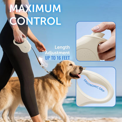 TUG Quest Retractable Dog Leash | 360° Tangle-Free Retraction | 16 Ft Strong Nylon Tape (Small, Cream)5