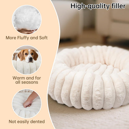 Donut Dog and Cat Bed, Luxurious Comfortable Faux Rabbit Fur Pet Beds, round Anti-Anxiety Calming Puppy Kitten Bed with Anti-Slip Bottom for Small Medium Dogs & Cats(20", White)5