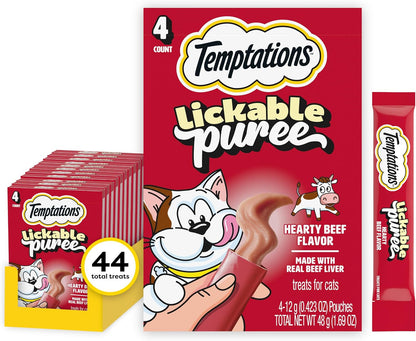 Temptations Creamy Puree Cat Treats, Beef, Chicken, Salmon & Tuna, 48 Count | Beef, Salmon, Chicken & Tuna, under 15 Cal/Tube, No Added Sugar or Fillers, Senior-Friendly, Meal Topper or Hand-Feed23