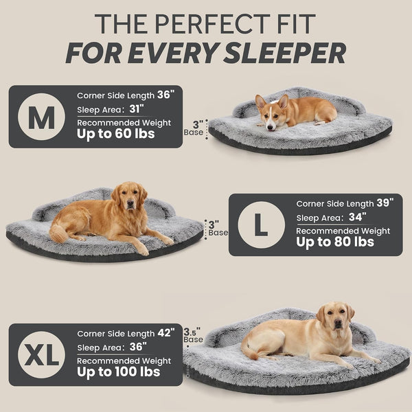 Corner Dog Bed Large, 39" Calming Fluffy Orthopedic Pet Beds, Grey | Space Saving Plush Corner Nest,Egg-Crate Foam, Washable Cover, Waterproof Liner, Non-Slip Bottom and Bolsters for Large Dogs6