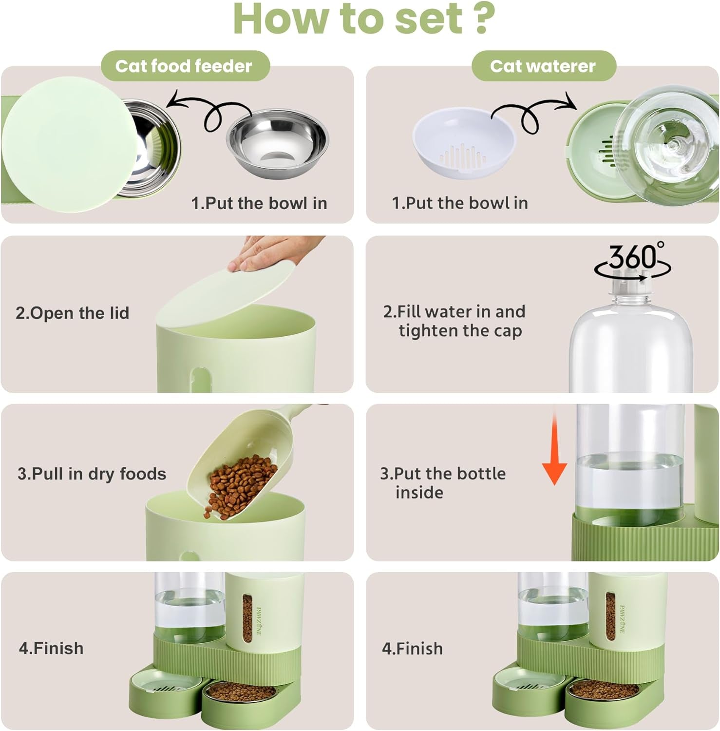 automatic-cat-feeder-stainless-steel-water-dispenser-gravity-food-feeder-and-waterer-set-with-pet-food-bowl-for-small-medium-kitten-puppy-pets-large-capacitygreen