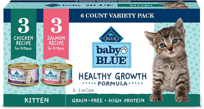 Blue Buffalo Baby Blue Natural Kitten Wet Cat Food Paté Variety Pack, Healthy Growth Formula with DHA, High-Protein & Grain-Free, Chicken and Salmon Recipes, 3-Oz Cans (6 Count, 3 of Each)1