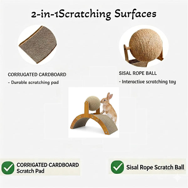 2-In-1 Rabbit Scratching Toy - Natural Sisal Ball & Corrugated Cardboard Pad Bunny Claw Scratcher, Stable Wood Arch Bridge Interactive Toys for Rabbits, Kittens, Ferrets, Chinchillas3
