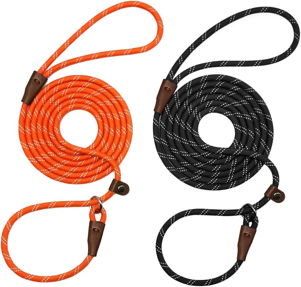 wyuze-8ft-slip-lead-dog-leash-adjustable-slip-collar-puppy-training-lead-2-pack-1-3-reflective-rope-leash-lightweight-easy-use-for-small-medium-dogs-no-pull-walking-black-orange