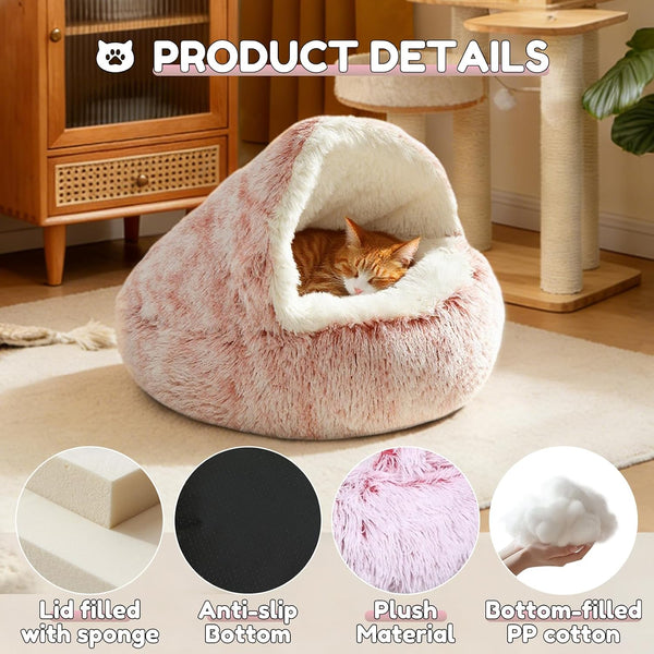 SUOXU Anti-Anxiety Cat Bed, Plush Hooded Cave, 20 in Diameter, Suitable for Small to Medium Pets, Pink2