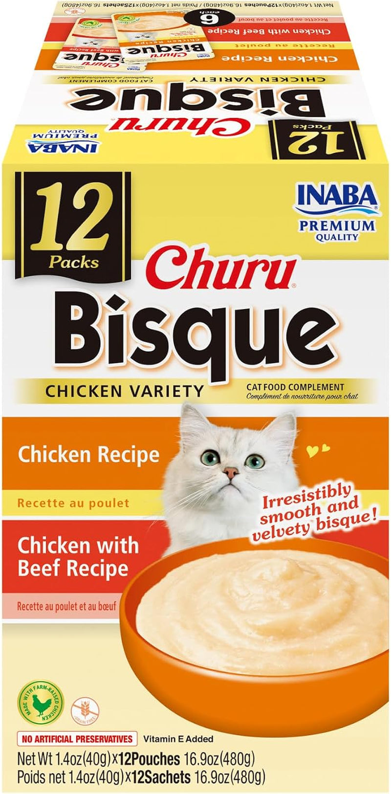 inaba-churu-bisque-for-cats-creamy-lickable-puree-side-dish-with-vitamin-e-1-4-ounces-per-pouch-12-pouches-tuna-chicken-variety