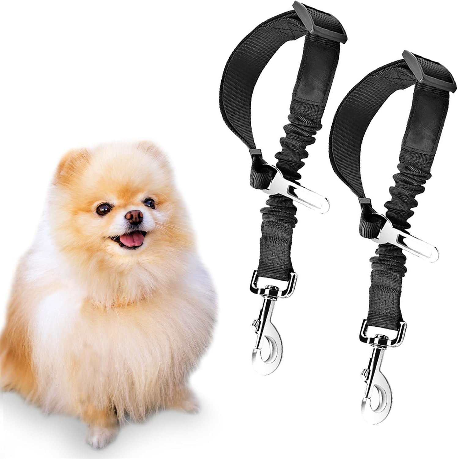 sungrow-elastic-nylon-dog-seat-belt-24-36-adjustable-black-harness-elastic-tether-with-metal-buckles-2-pcs-per-pack