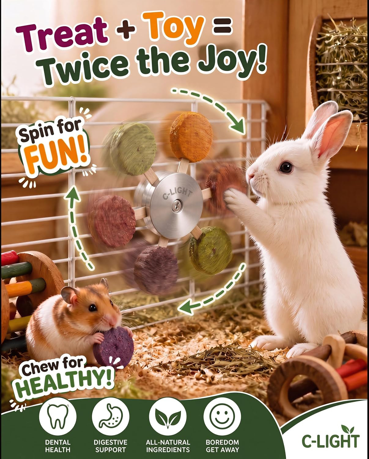 c-light-guinea-pig-chew-toys-rotating-spinner-8-pcs-timothy-5-viggies-hay-for-teeth-grind-digestion-rust-proof-aluminum-toy-for-rabbit-bunny-chinchilla-hamster-dental-health-sliver
