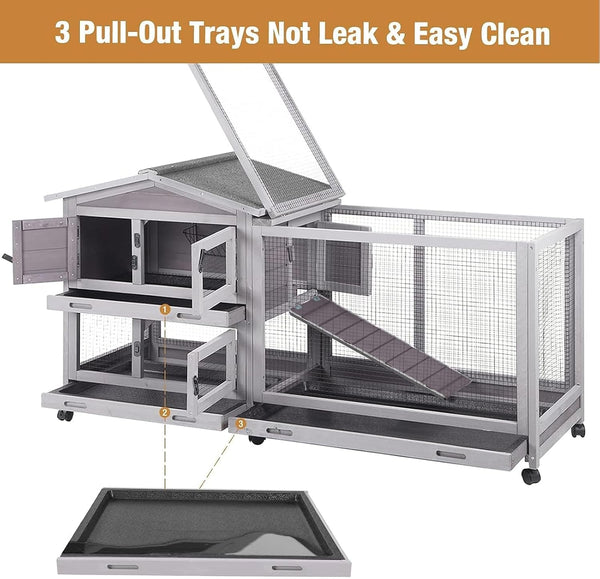 Bunny Cage Indoor and Outdoor Rabbit Hutch with Casters Waterproof Roof, Pull Out Tray from Back and Front 61.2" L X 22.6" W X 33.5" H5