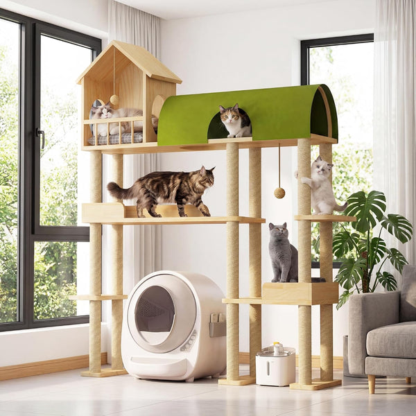 60'' Cat Tree for Automatic Litter Box, for Heavy Cats up to 22Lbs | Solid Wood Large Cat Tower with Tunnel & House, Space-Saving for Indoor Multi-Pet Households, Stops Furniture Scratching4
