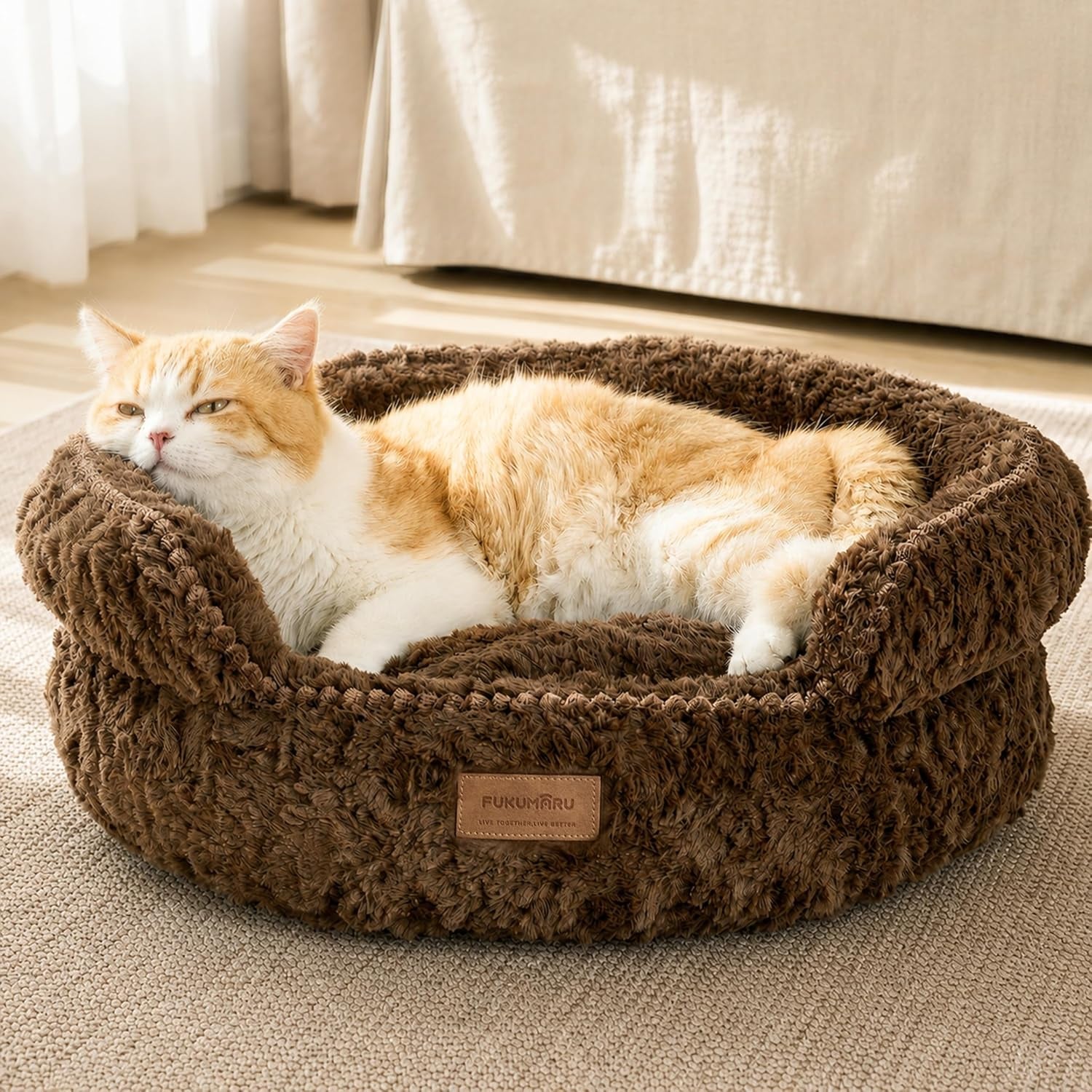 fukumaru-round-cat-bed-plush-washable-calming-dog-bed-with-low-entry-raised-bolster-small-dog-bed-soft-cozy-donut-cat-bed-for-indoor-cats-faux-rabbit-fur-anti-slip-bottom-20-inch-brown
