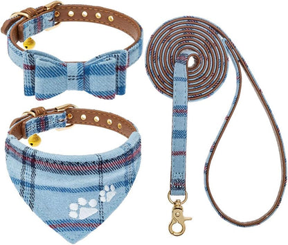 EXPAWLORER Puppy Collar and Leash Set - Embroidery Pawprints Plaid Dog Collar and Dog Leash Set, Bow Tie and Bandana Dog Collar with Bell, Cute Collar and Leash for Dogs Cats Outdoor Walking, Blue S1