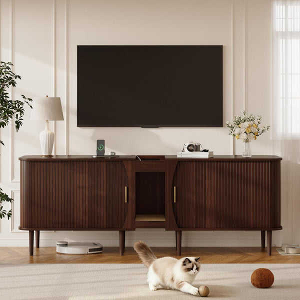 71" Double Cat Litter Box Enclosure Furniture for 2 Cats,Fluted Large Litter Box Hidden Furniture with Sliding Door and Scratching Pad,Indoor Pet House Modern Cabinet TV Stand for Living Room7