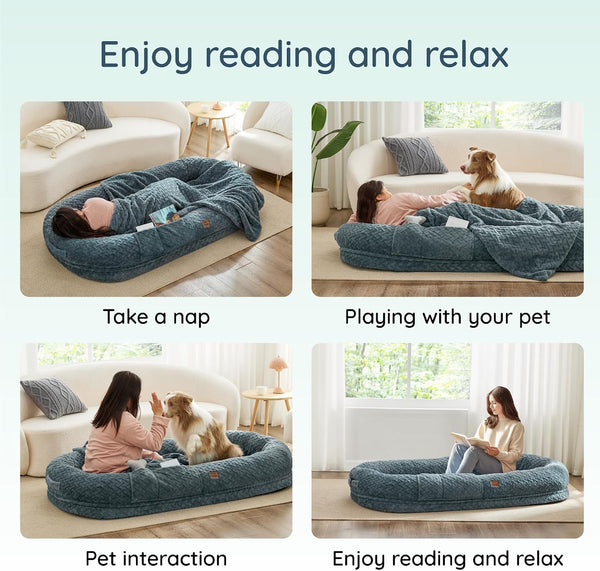 Chixnuggle Orthopedic Human Dog Bed,With Faux Fur Washable Cover,Blanket | Bluish Grey,72*40*10,Giant Dog Bed for Adult or Extra Large Dogs,Egg Crate Foam,Non-Slip Bottom8