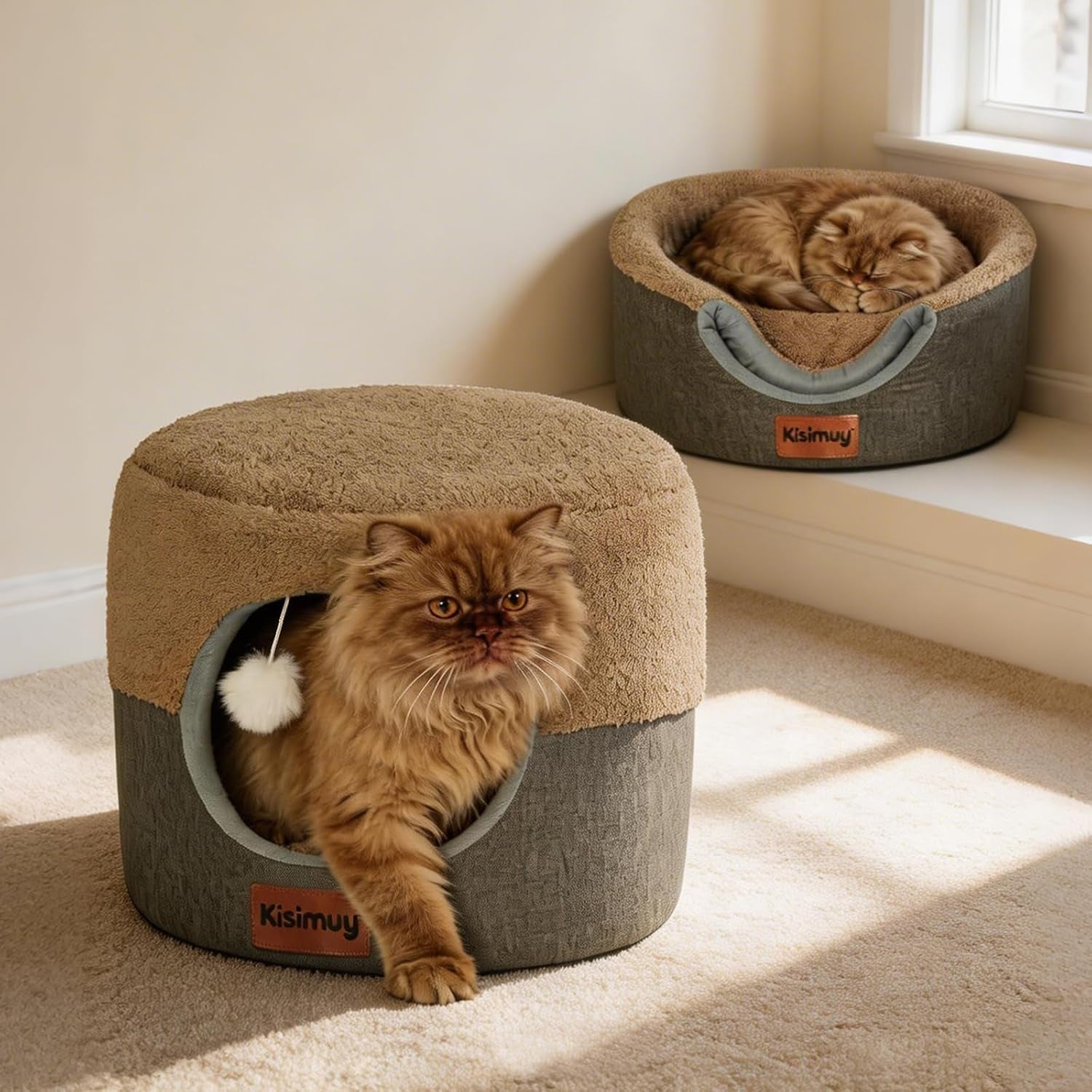 2-in-1-foldable-cat-bed-for-indoor-cats-cat-cave-sofa-bed-15-7d-x-13h-reversible-plush-linen-cushion-enclosed-cat-bed-hanging-cat-toys-non-slip-small-cat-house-grey