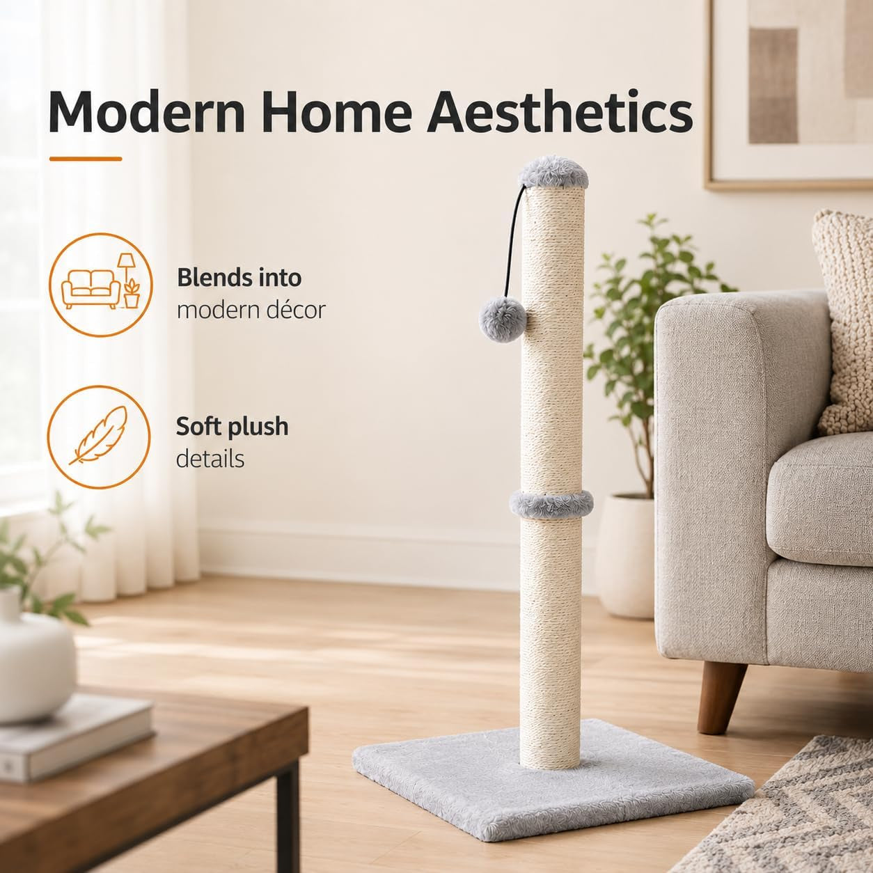 dimaka-29-height-tall-cat-scratching-post-claw-scratcher-with-sisal-rope-and-covered-with-soft-smooth-plush-vertical-scratch-full-strectch-for-standard-size-catsgrey-29-inches-for-all-cats