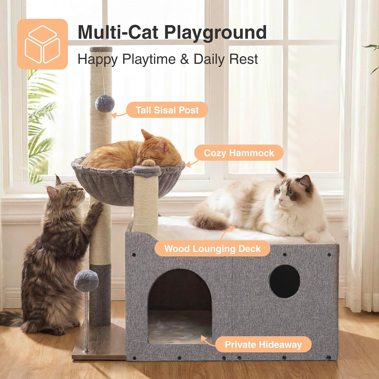 veehoo-extra-large-cat-house-bed-for-indoor-cats-29x16x31-9-sturdy-condo-cat-hideaway-with-scratching-post-foldable-cube-with-hammock-cave-with-2-plush-interactive-balls-for-multiple-cats-gray