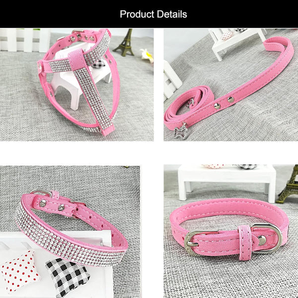 Dog Collar & Harness & Lead Sets Fashion Dog Collar Diamante with Harness & Leashes Comfortable Soft Collar Harness and Leashes Set for Dog - Pink - XS5