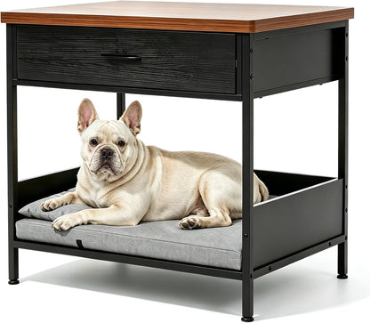 Dog Bed End Table with Storage Drawer and Washable Cushion, Black & Walnut | Open Elevated Dog Bed Furniture for Small Medium Dogs up to 50 Lbs, Metal Frame, Drawer, for Living Room, Bedroom Bedside1