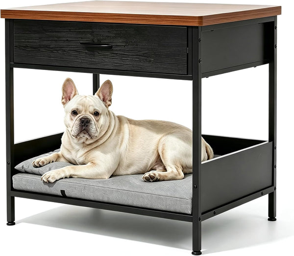Dog Bed End Table with Storage Drawer and Washable Cushion, Black & Walnut | Open Elevated Dog Bed Furniture for Small Medium Dogs up to 50 Lbs, Metal Frame, Drawer, for Living Room, Bedroom Bedside1