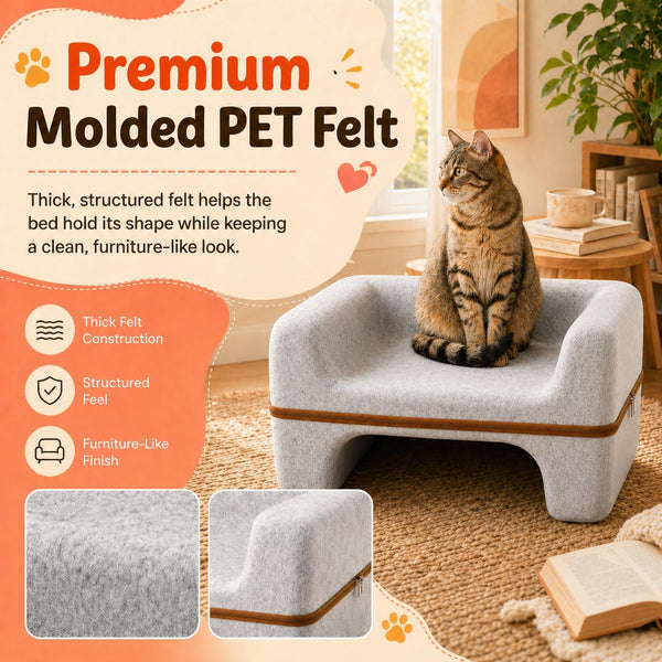 Large Cat Bed for Indoor Cats, 2-Tier Cat Cave Bed with Top Lounge & Lower Hideaway, Washable PET Felt Cat Sofa for Living Room, Bedroom, Apartment, Scratch-Friendly Cat Furniture, Light Gray5