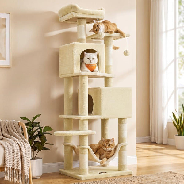 Feandrea Cat Tree, 59.5-Inch Tall Cat Tower, Plush Multi-Level Condo with 5 Scratching Posts, 2 Perches, 2 Caves, Hammock, 2 Pompoms, Light Gray UPCT192W0123