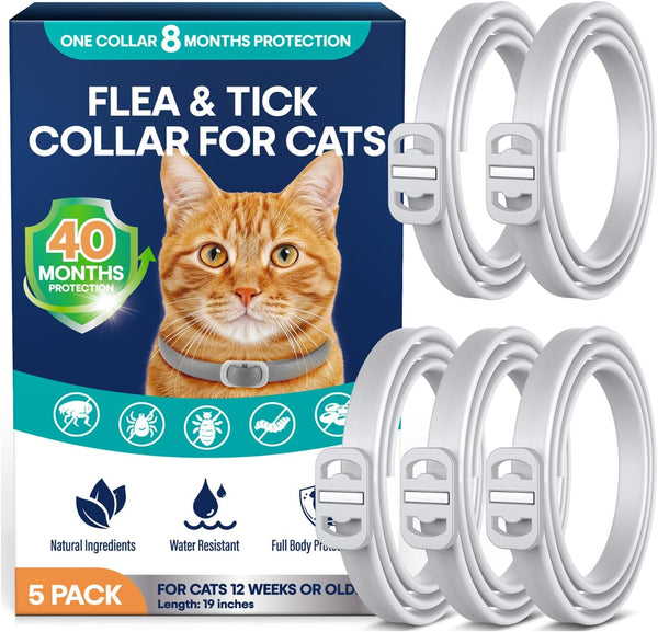 Flea and Tick Collar for Cats 5 Pack, 8 Months Protection, Plant-Based Ingredients, Water-Resistant, Adjustable & Lightweight, Suitable for Adult Cats & Kittens, White1