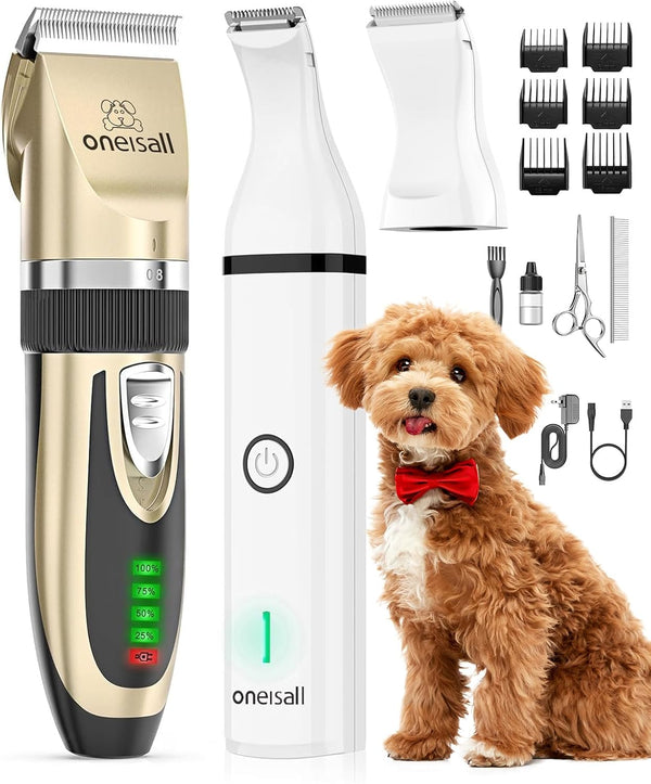 Oneisall Dog Clippers and Paw Trimmer Kit for Small Large Dogs Cats | Low Noise, Powerful Motor, Cordless & Long Battery Life, Simple for Beginners, 6 Guide Combs, Removable & Rinsable Blade1