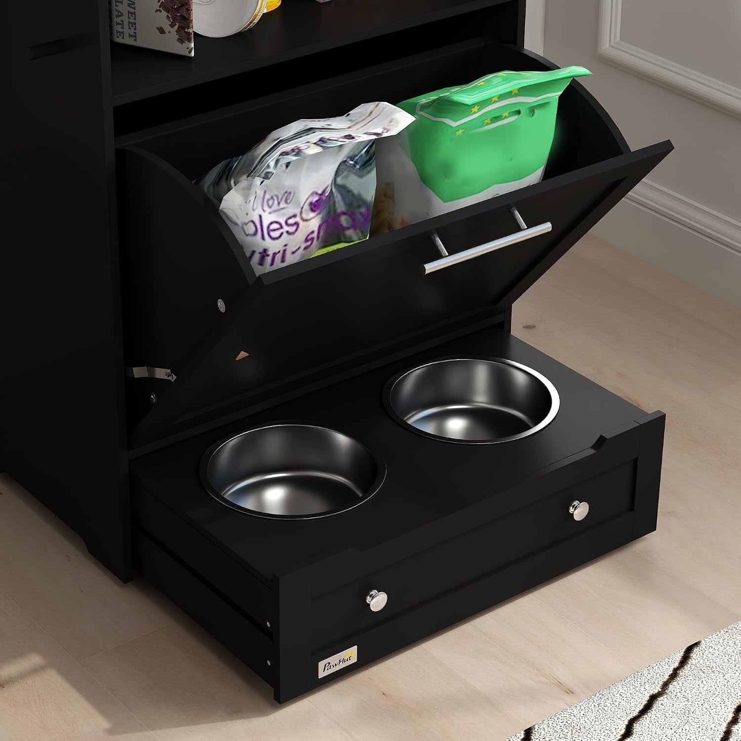 pawhut-dog-feeding-station-with-raised-bowls-pet-feeder-station-black-dog-food-storage-cabinet-hanger-for-feeding-watering-supplies