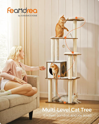 Feandrea Cat Tree, 64.6-Inch Modern Cat Tower, Multi-Level Condo with 5 Scratching Posts, Perch, Washable Removable Cushions, Cave, Rustic Brown UPCT166X012