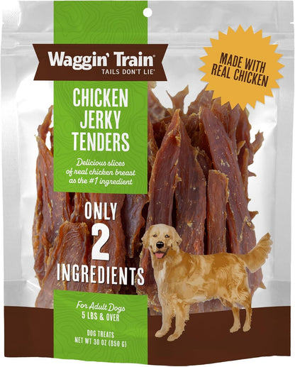 Waggin' Train Chicken Jerky Dog Treats, Made with 100% Real Chicken Breasts, Only Two All-Natural Ingredients, Great High Protein Dog Treat, Easily Digestible for Big or Small Dogs, 30 Oz. Pouch1