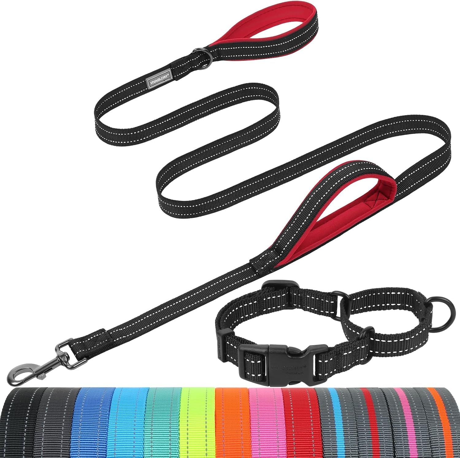 vivaglory-double-handle-dog-leash-twingrip-6ft-x-1in-navy-dog-leash-for-collar-with-traffic-handle-2-loop-for-walking-training-traffic-control-reflective-heavy-duty-puppy-pet