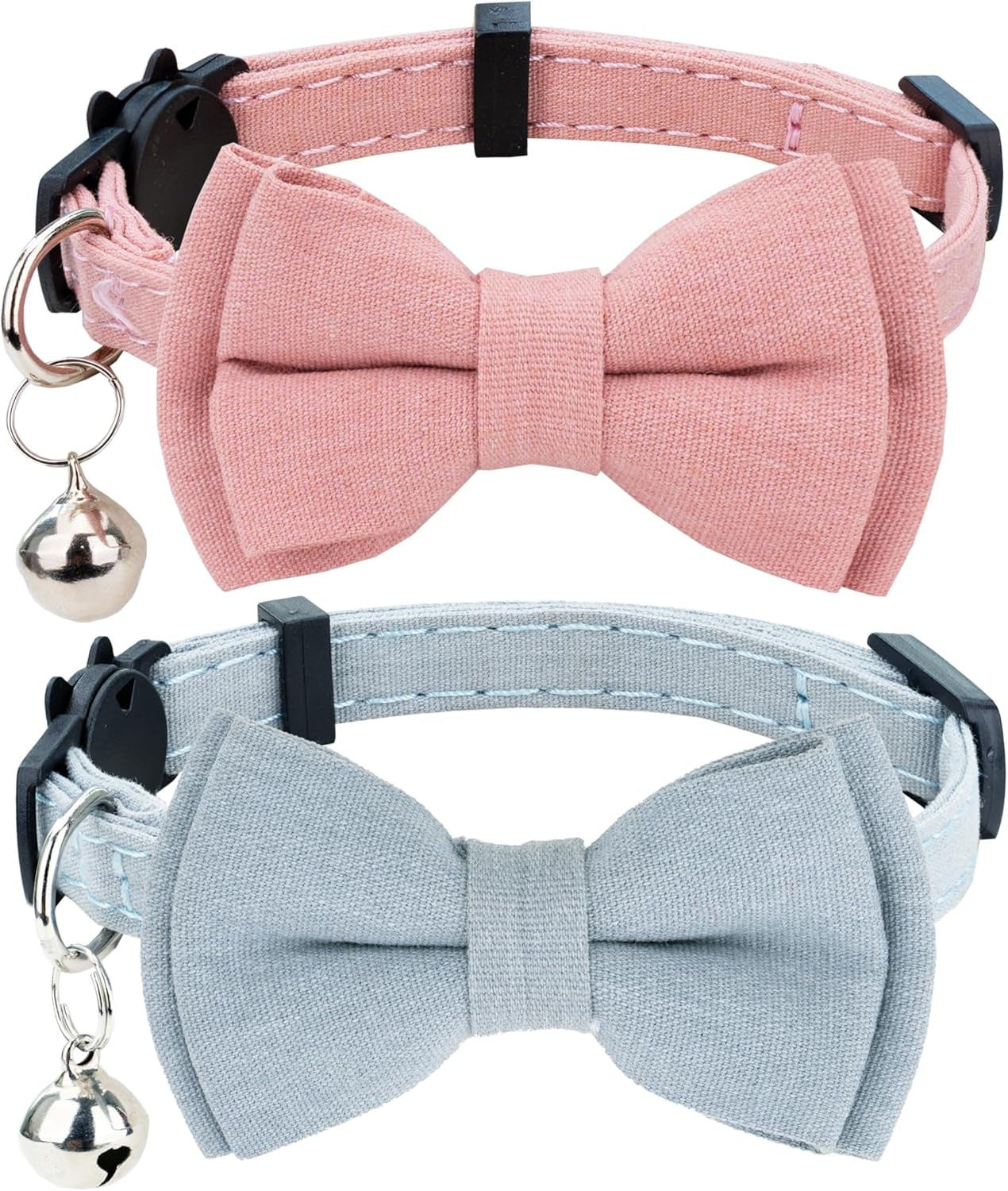 cat-collar-breakaway-bowtie-safety-with-bell-adjustbale-kitten-puppy-solid-plaid-color-set-d-2pcs-pink-2
