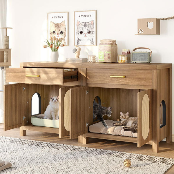Cat Litter Box Enclosure Furniture, Hidden Litter Box Cabinet Cat House Side Table with Drawer & Sisal Scratch Pads, Wooden Pet Furniture for Living Room, Bedroom,Brown7