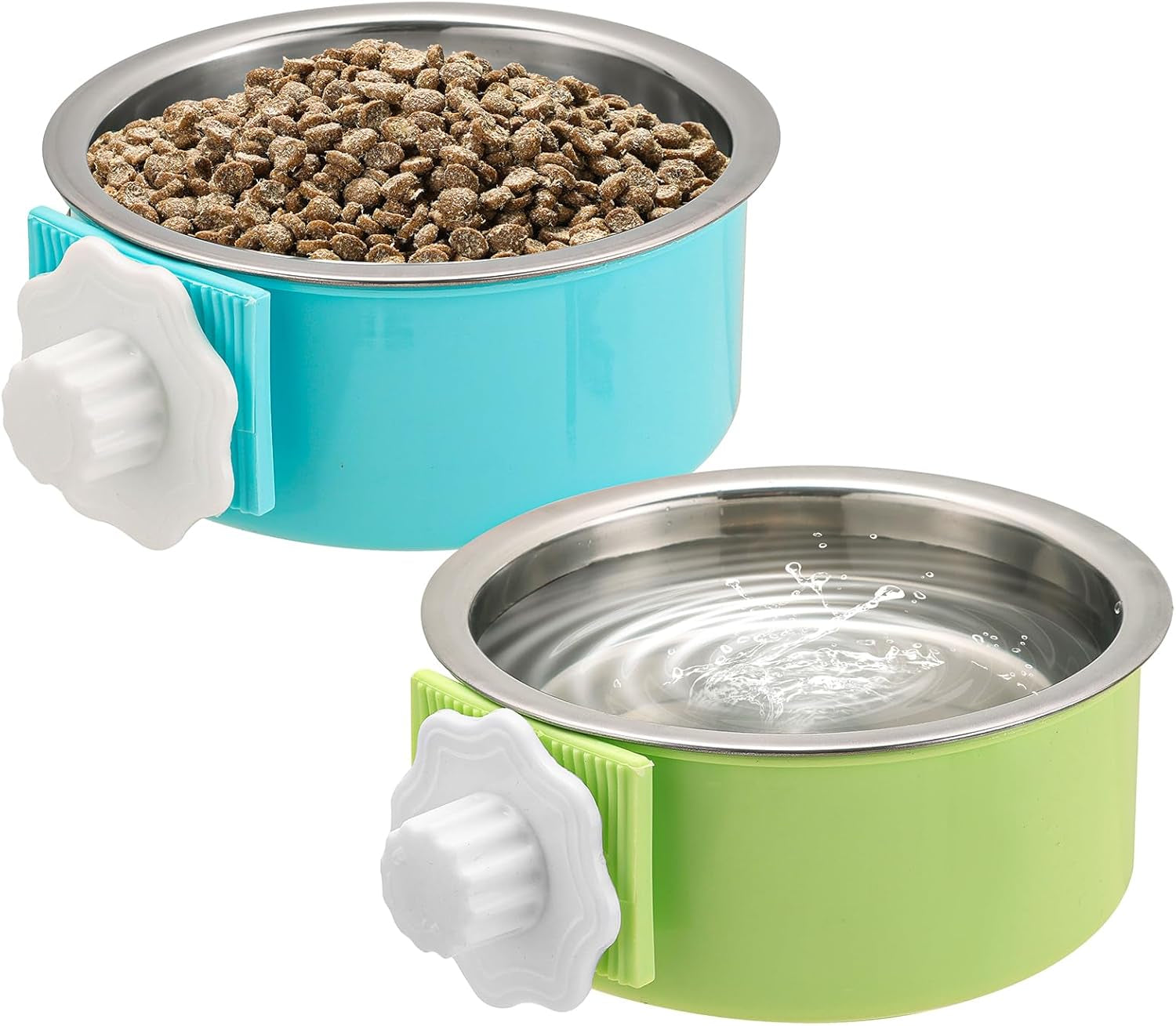 mechpia-2-pieces-crate-dog-bowl-removable-stainless-steel-pet-kennel-hanging-food-water-feeder-bowl-cage-coop-cup-for-puppy-medium-dog-cat-rabbit-ferret-bird-blue-green