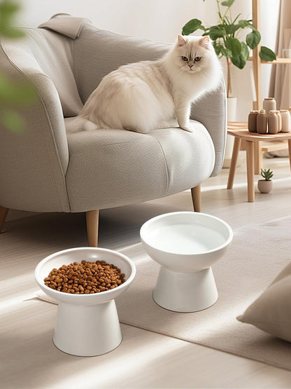 Loejan Elevated Cat Food and Water Bowls Set, Extra Wide and Raised Ceramic Bowls, Anti-Vomit Whisker-Free Pressure Cat Feeder for Kittens to Adult Cats and Small Dogs (White, Water Bowl)7