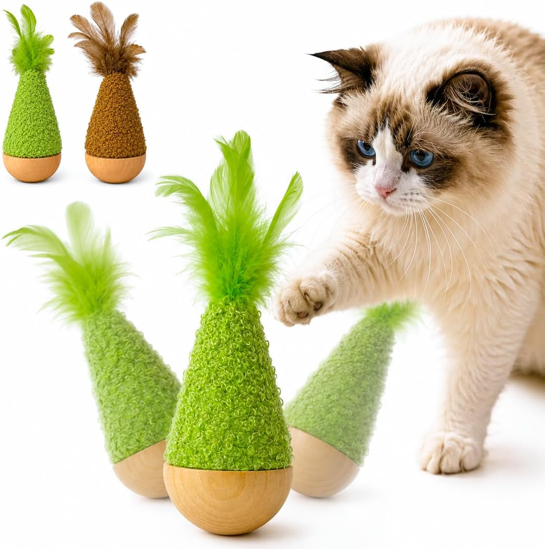2-pack-interactive-self-righting-wobble-cat-toy-with-feather-fluffy-plush-wooden-tumbler-for-bored-adult-indoor-cats-silent-self-play-cat-enrichment-toy-green-brown