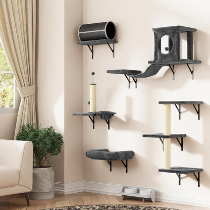 NUNU LAB Wall Mounted Cat Furniture Set - 6 Pcs Climber Set with House, Bridge, Steps, Scratcher Board - DIY Walls Playground, Indoor Cat Shelves - Gray21