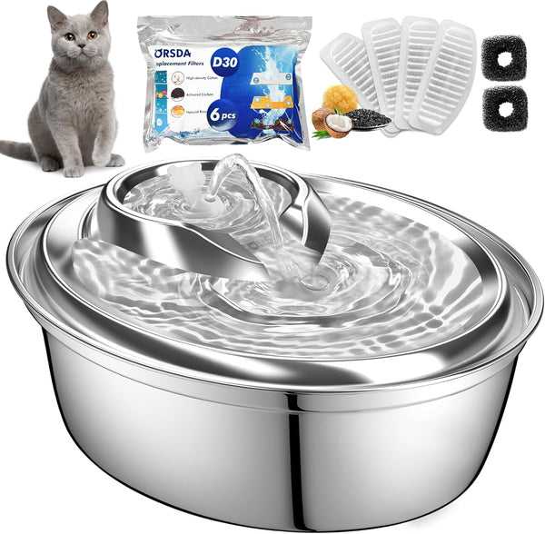 ORSDA Cat Water Fountain Stainless Steel, 2L Pet Fountain for Cats Inside, Dog Water Dispenser, Automatic Cat Drinking Fountains with 6 Replacement Filters for Cats, Small Dogs1