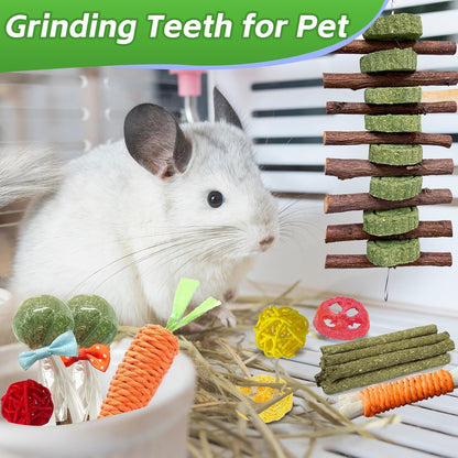 WDEFUN 21PCS Rabbit Chew Toys for Teeth Grinding, Natural Timothy Hay Cakes Treats for Bunny, Organic Apple Wood Sticks Toy Set for Guinea Pigs, Hamsters, Chinchillas,Dental Health & Boredom Relief3