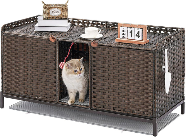 SETVSON Cat Litter Box Enclosure Furniture, Rattan PE Kitty House, Natural | Handwoven PE Rattan with 2 Soft Mats, Heightened Metal Feet, 2 S-Hooks, 30.3 X 18.3 X 28 in Spacious Interior Kitty Cabinet10