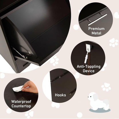 Dog Food Cabinet Feeding Station with 2 Raised Bowls, Pull Out Elevated Dog Bowl, Storage, 3 Hangers, Pet Feeder Toy Leashes Organizer, Brown6