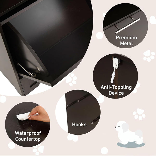 Dog Food Cabinet Feeding Station with 2 Raised Bowls, Pull Out Elevated Dog Bowl, Storage, 3 Hangers, Pet Feeder Toy Leashes Organizer, Brown6