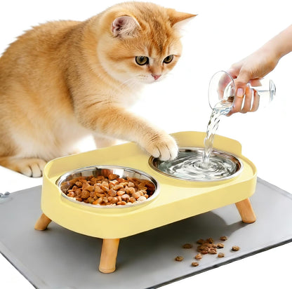 Elevated Cat Bowls with Food Mat, Splash Proof anti Vomiting Raised Cat Food and Water Bowl Set, 2 Stainless Steel Dishes for Cats and Puppy, Pet Bowl for Indoor Cats White11