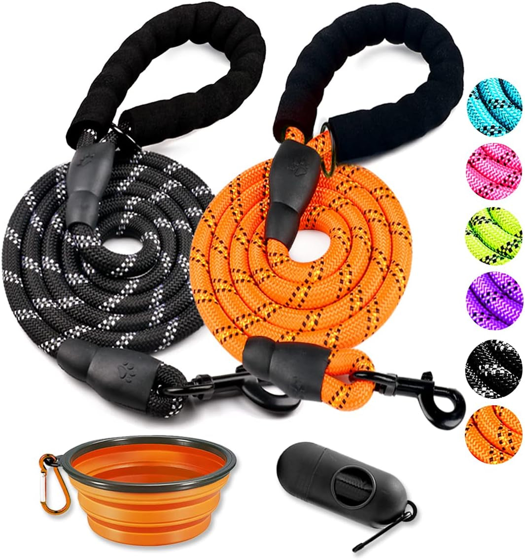 cooyoo-2-pack-dog-leash-5-ft-heavy-duty-comfortable-padded-handle-reflective-dog-leash-for-medium-large-dogs-with-collapsible-pet-bowl