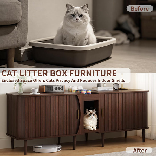 71" Double Cat Litter Box Enclosure Furniture for 2 Cats,Fluted Large Litter Box Hidden Furniture with Sliding Door and Scratching Pad,Indoor Pet House Modern Cabinet TV Stand for Living Room6